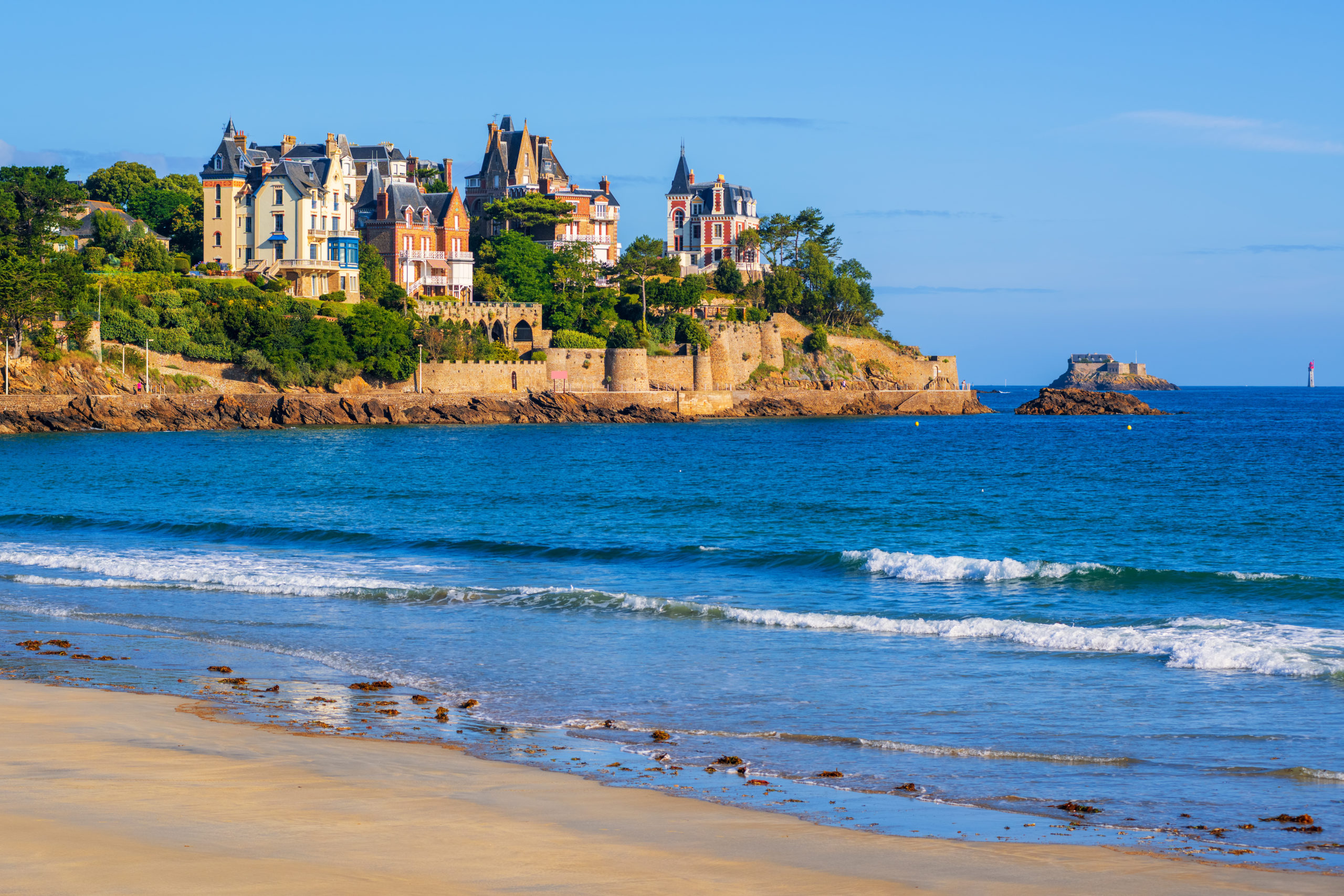 Sand beach and historical villas in Dinard, Brittany, France