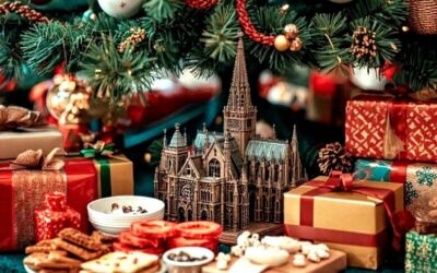 La Cathédrale de Cologne sous un sapin décoré au milieu des cadeaux